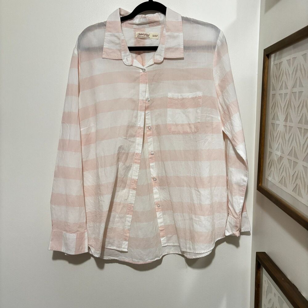 Faded Glory Blush‎ Pink Sheer Stripe Button Up Shirt Cottagecore Soft Girl XL